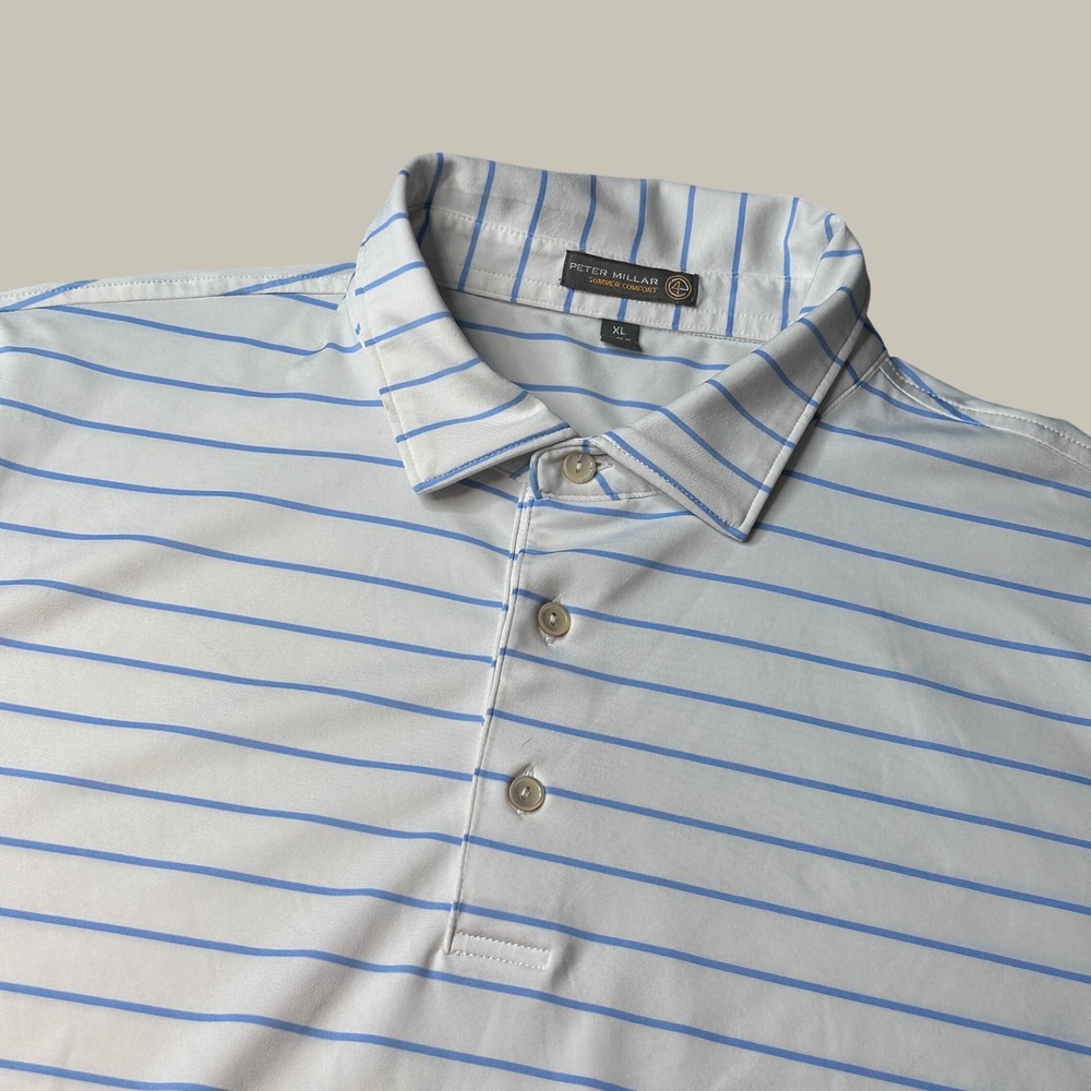 Peter Millar Polo Shirt Mens XL Summer Comfort MS16EK10S White Blue Striped